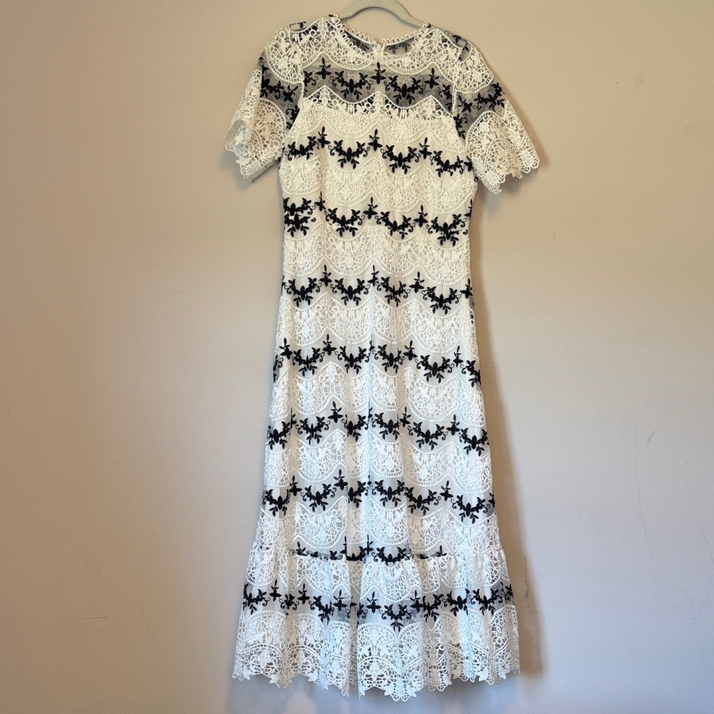 White Lace Midi Dress with Black Embroidery